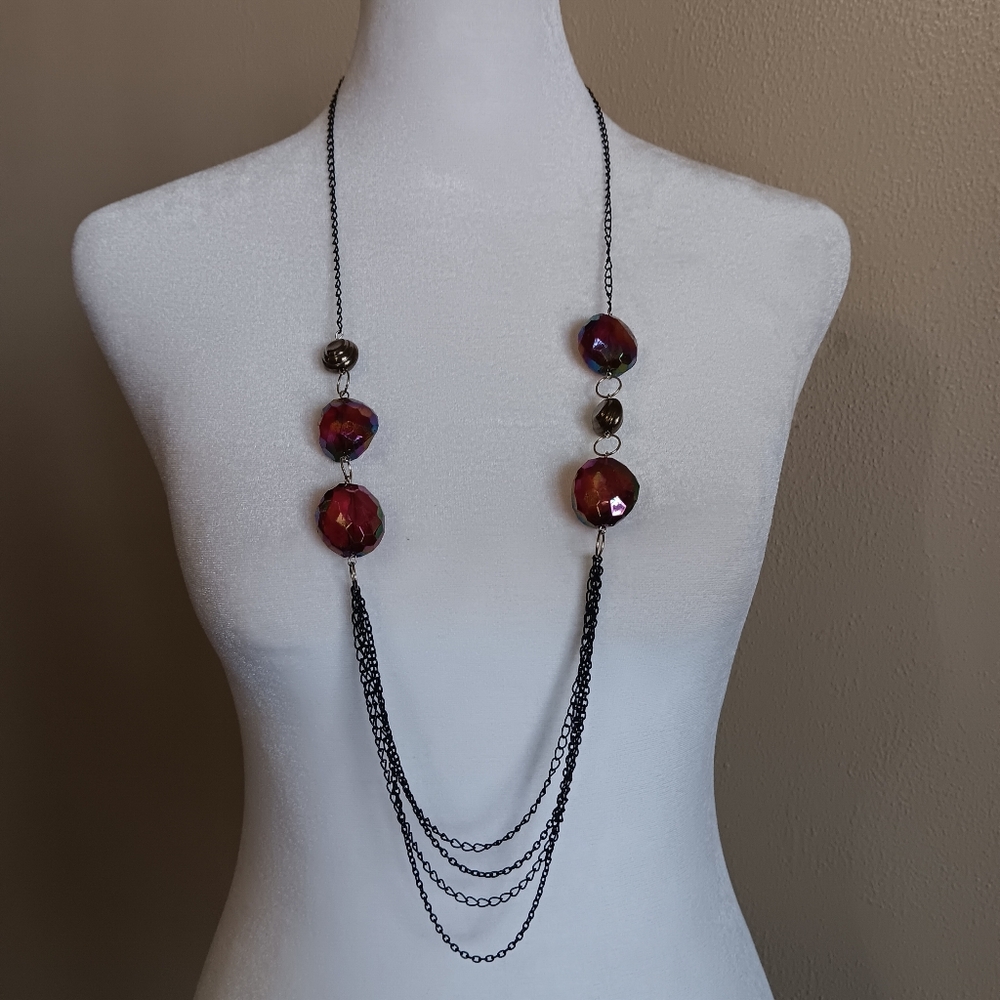 Whimsigoth Black Chain Iridescent Red Chunky Bead Layered Necklace, Gothic Witch
